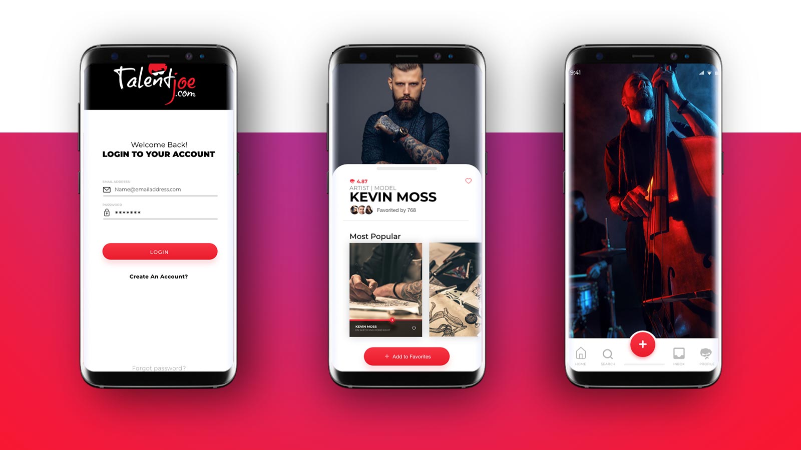 three phone screens featuring app design of Talent Joe