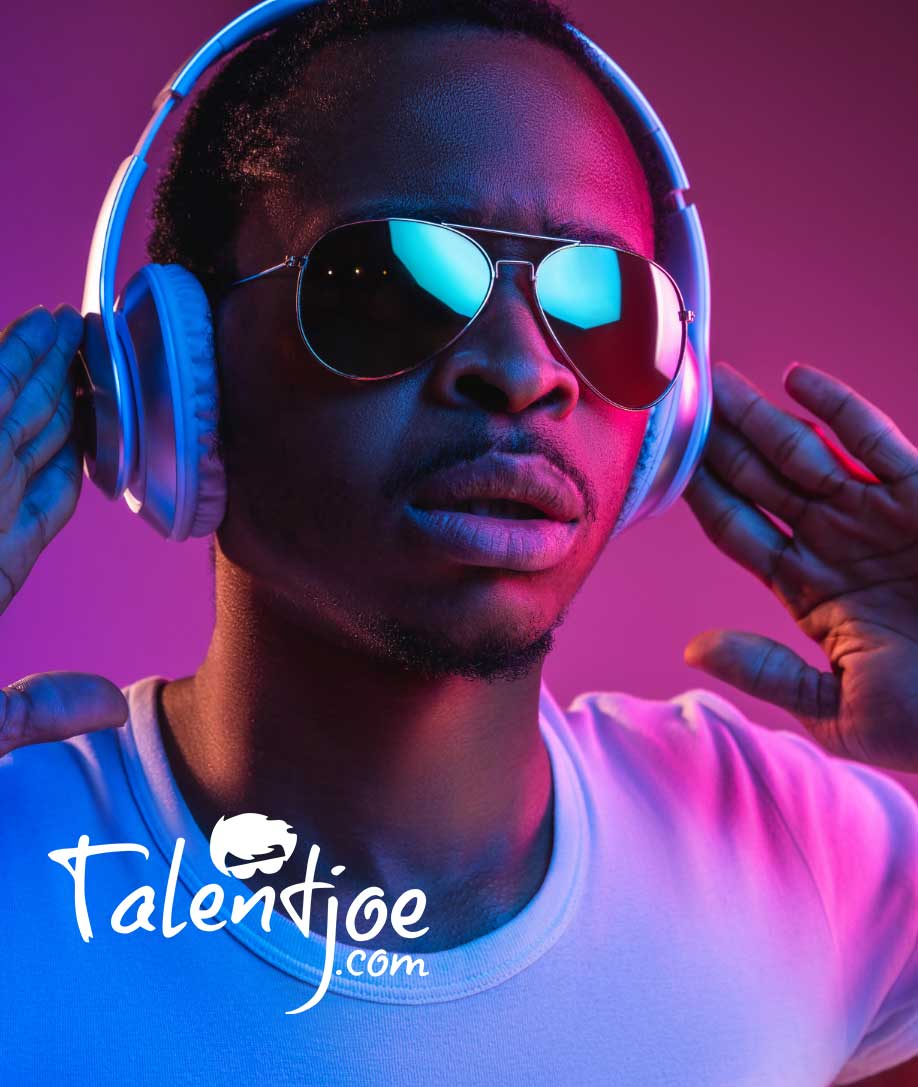 man in headphones with talent Joe logo